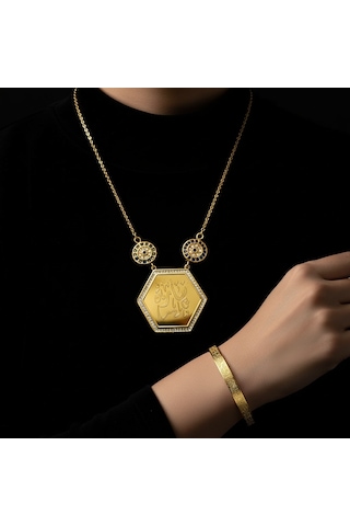 Maşallah Yazılı Kolye Ve Ayetel Kürsi Bileklik Seti Gold Çelik İslami Takı Altın