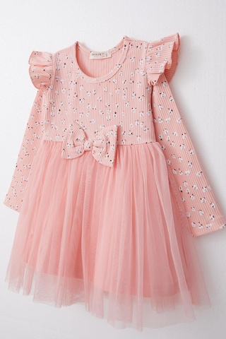 Breeze Kız Çocuk Uzun Kollu Elbise Çiçekli Fiyonklu Tüllü 1.5-5 Yaş, Somon-somon Somon