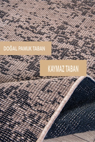 Badelya Home Bej Şönil Makinada Yıkanabilir Kaymaz Taban Saçaklı Pamuklu Halı Kilim Oturma Odası Salon