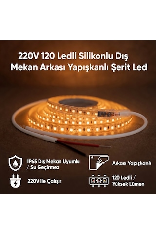 220v 120 Led Dış Mekan Şerit Led Amber Işık Arkası Yapışkanlı Suya Dayanıklı Dekoratif Aydınlatma 5 metre