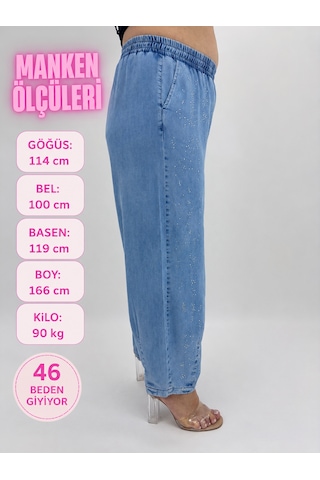 Büyük Beden Denim Beli Latikli Taş Baskılı Balon Kesim Kadın Pantolon Mavi
