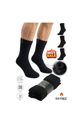 Saysez 3 Çift Termal Erkek Kışlık Soket Havlu Kalın Çorap Dikişsiz Siyah Renk Premium Pamuk Siyah