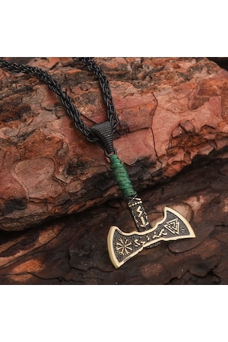 Viking Çift Taraflı Balta Yeşil İpli Erkek Kolye Çelik İskandinav