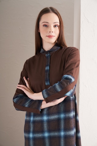 Blok Elbise Büyük Kareli Laci Kahve Laci Kahverengi - Lacivert