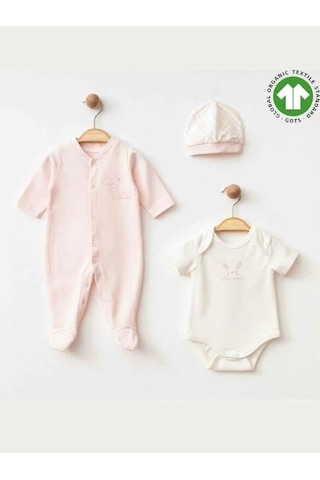 Zekids Kız Bebek Tulum Body Şapka Organik 3 Lü Set-15473 Pembe