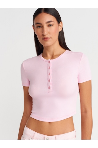 Dilvin 31647 Düğme Detaylı Crop Top-açık Pembe Açık Pembe