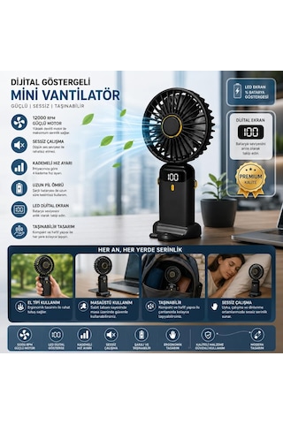 Dijital Göstergeli Mini Vantilatör, Şarjlı Masaüstü Vantilatör, Taşınabilir 12000 Rpm El Fanı, Ergonoik Tasar