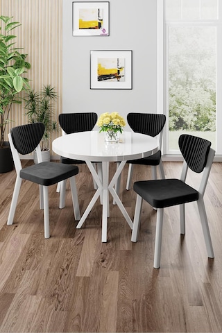 Agnes Serisi 90x90 Cm Yuvarlak Beyaz Masa Takımı, 4 Siyah Sandalye Diğer