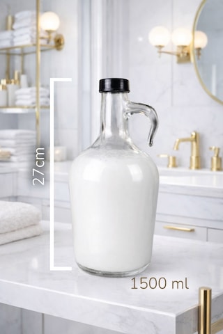 4'lü Şişe Banyo Seti Cam Yumuşatıcı Deterjan Renkliler Beyazlar Siyahlar Şişesi 1500ml Siyah Kapaklı Şeffaf