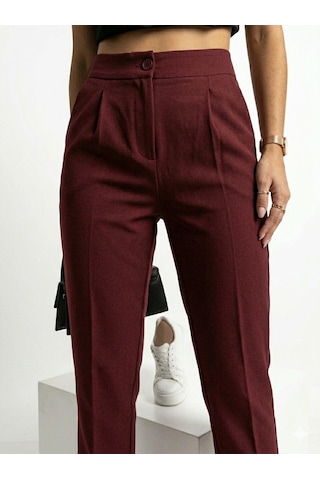 Ribana Classic Kadın Dar Paça Pileli Mevsimlik Klasik Moda Kumaş Pantolon 4687 Bordo