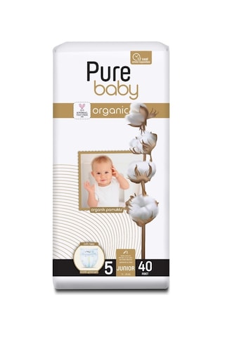 Pure Baby Organik Pamuklu Cırtlı Bez Tekli Paket 5 Numara  Junior 40 Adet