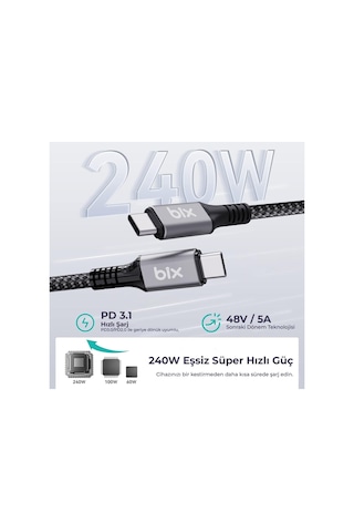 Bix Usb4 Thunderbolt 3/4 Uyumlu Usb-c If Sertifikalı 240w 40gbps 8k 60hz Uhd Hızlı Şarj, Data Ve Görüntü Aktarım Kablosu 1 Metre