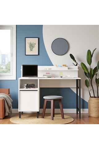 Robin Home Çalışma Masası Genç Çocuk Öğrenci Raflı Dolaplı Beyaz Beyaz