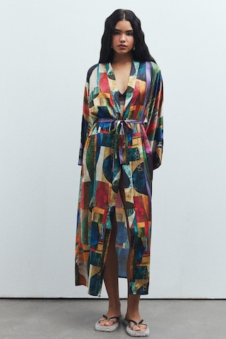 Frappant Coloré Desenli Uzun Saten Sabahlık / Kimono Çok Renkli