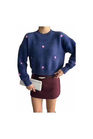 Ribana Classic Kadın Uzun Kollu Pembe Kalp Detaylı Standart Beden Triko Yumoş Kazak 4603 Lacivert