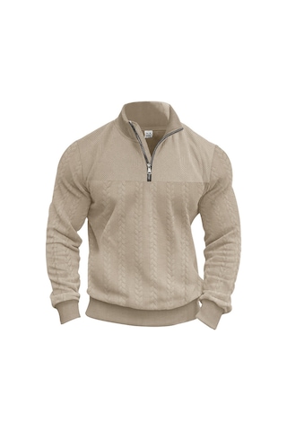 Amerikan Retro Gündelik Dik Yaka Fermuarlı Kazak Gevşek Örme Ağır Dikiş Jakarlı Sonbahar Ve Kış Uzun Kollu Kazak Haki