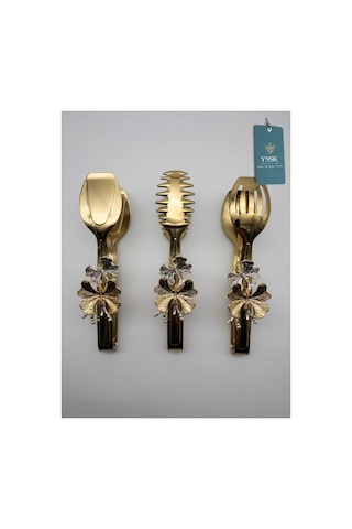 Chacha Home Luxury Papillon 3'lü Paslanmaz Kelebek Dekorlu Titanyum Gold Kaplama Çelik Maşa Seti Gold