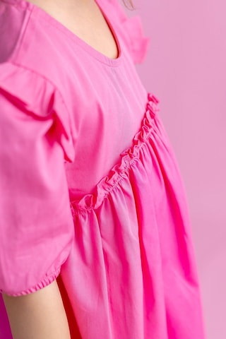 Oliventhekid Robadan Fırfır Büzgülü Kolları Lastikli Poplin Kız Çocuk Elbise Pembe Pembe