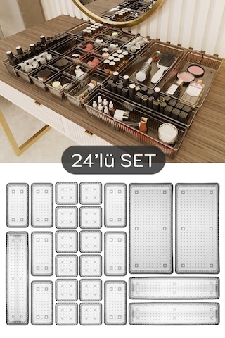 Meleni Home 24'lü Multi Set - Çekmece İçi Düzenleyici - Banyo Makyaj Ve Takı Organizer Siyah