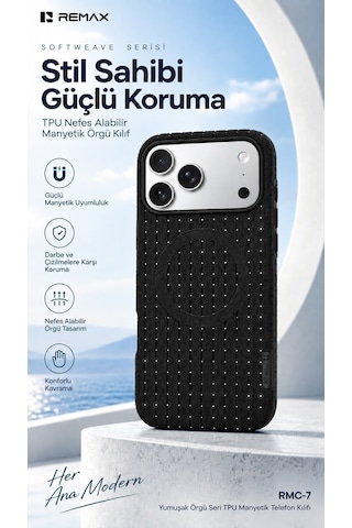 Remax Softweave Series İphone 17 Pro Max Uyumlu Mıknatıslı Örgü Desen Nefes Alan Tpu Kılıf Rmc-7 - Siyah
