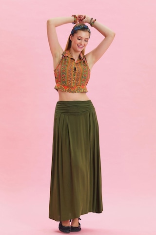 Beli Lastikli Drape Detaylı Otantik Etek Haki