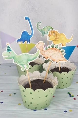 Lüks Büyük Boy Dinozor Konsept Kürdan Süsleri, 10'lu Paket, Cupcake Süsleme Açık Kahverengi