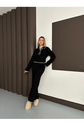 Newco Polo Yaka Fularlı Oversize Triko Takım Kazak Siyah