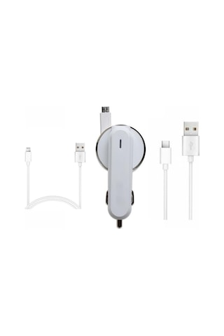 3.1a 15watt Araç Şarj Aleti Micro Usb Kırılmaz Kablo + Lightning İle Uyumlu Kablo Hediyeli + Type-c Kablo Hediyeli Tüm Telefon Girişlerine Uyumludur