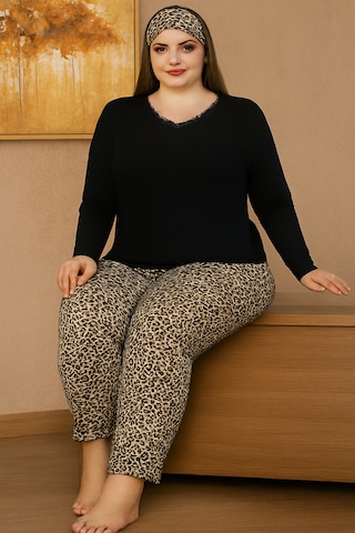 Abarta Kadın Büyük Beden Dantelli Uzun Kol Pijama Takımı Göz Bandı Hediyeli Leopar