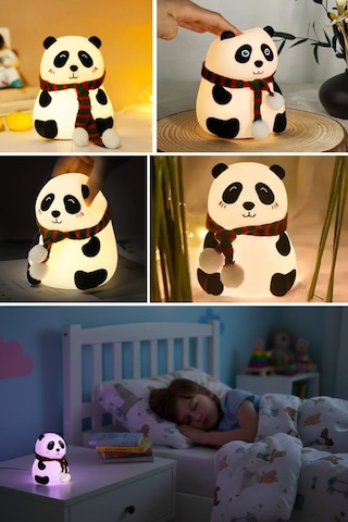 5 Farklı Renk Modlu Panda Figürlü Pofuduk Led Gece Lambası Yumuşak Dokulu Çocuk Odası Ve Dekoratif Şarjlı Ort 11