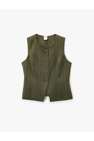 Koton Flanel Kumaş Düğmeli Yuvarlak Yaka Blazer Yelek Haki Ekose 6wak20033pw Haki Ekoseli
