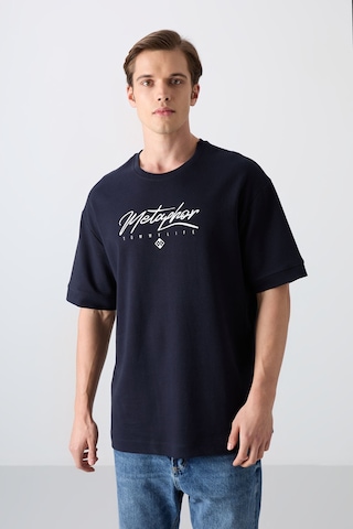 Tommy Life Lacivert Pamuklu Kalın Yumuşak Dokulu Oversize Fit Baskılı Erkek T-shirt - 88320 Lacivert