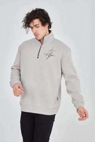Veraura Lifestyle Erkek Yarım Fermuarlı Baskılı Sweat - Boyalı Gri