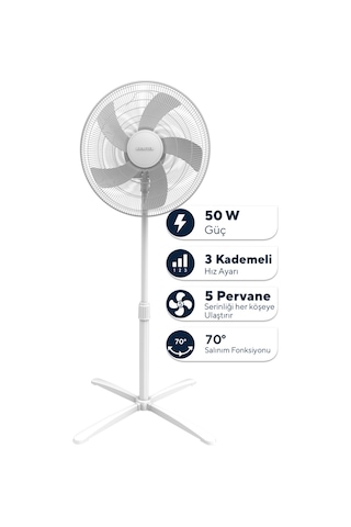 Kumtel Beyaz 16 İnç Ayaklı Vantilatör 50 W, 5 Pervaneli, 3 Kademeli, 121 Cm Yükseklik