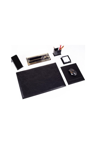 Hera Siyah Deri Sümen Takımı Gold Mermer Desen Ahşap İsme Özel Masa İsimliği İsimlik Seti