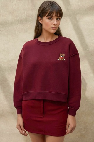 Hiccup İşlemeli Rahat Kesim Pamuklu Sweatshirt Bordo Kırmızı