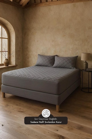 Yatak Ve Yastık Alezi Seti Pamuklu Kapitone Fitted Full Kenar Yatak Koruyucu Gri Gri