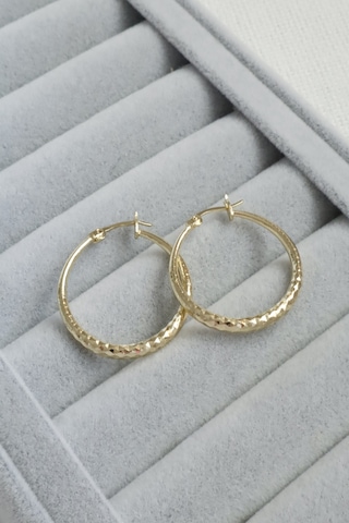 Kadın Küpe Kararmaz 14k Renk Vip Seri Hafif Dokulu 3cm Halka Küpe Altın