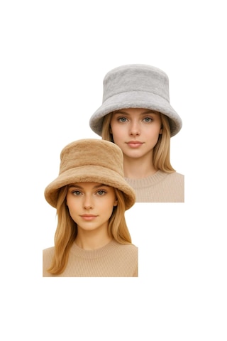 Uniquetrenders Kadın Ayarlanabilir Peluş Bucket Kova Şapka 2'li Set Gri - Camel