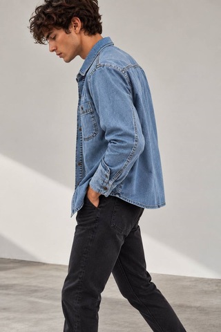 Little Cup Jeans Co Açık Mavi Premium Tok Kumaş Çift Cep 90lar Erkek Denim Kot Gömlek