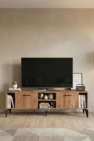 Tv Sehpası 160 Cm Modern Çok Amaçlı Dolaplı Raflı Televizyon Ünitesi Linya Atlantik Çam