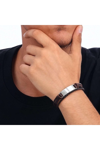 Tesbihane Minimal Tasarım Kahverengi Deri & Gümüş Renk Plaka Kişiye Özel İsim Yazılı Bileklik Kahverengi