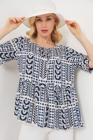 Kadın Desenli Kısa Kol Bluz 969 - İndigo Indigo