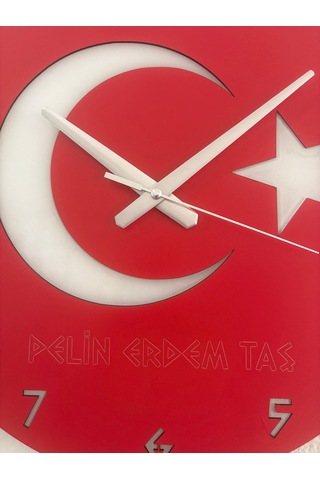Kişiye Özel İsim Yazılı Ay Yıldız Türk Bayrağı Duvar Saati Epoksi Dolgulu 40 Cm Kırmızı - Beyaz