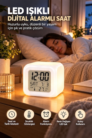 Dijital Ekranlı Küp Saat Led Işıklı Alarm Ve Sıcaklık Göstergeli Belirtilmemiş