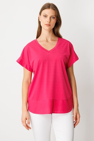 On Kadın Büyük Beden V Yaka Parçalı T-shirt 71476 Fuşya