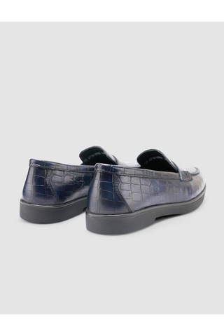 %100 Hakiki Deri Lacivert Croco Desen Kadın Loafer Lacivert