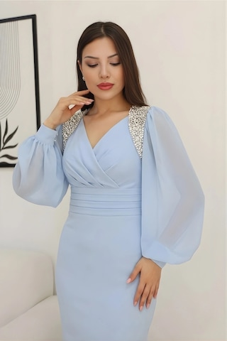Lodmela İşlemeli Omuz Detaylı Balon Kollu Kruvaze Yaka Midi Elbise 2326/1-bebe Mavisi