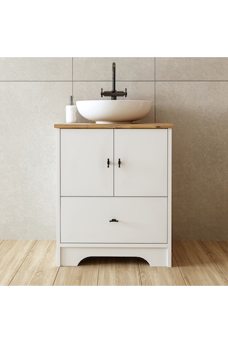 Ayaklı 2 Kapaklı Lavabolu Mdflam 60 Cm Banyo Dolap Atlantik Çam - Beyaz