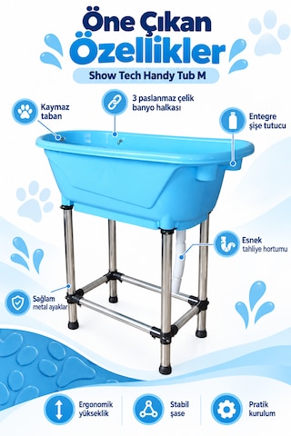 Showtech Handy Tub M Taşınabilir Kedi Köpek Küveti 96cm X 50cm X91cm Mavi